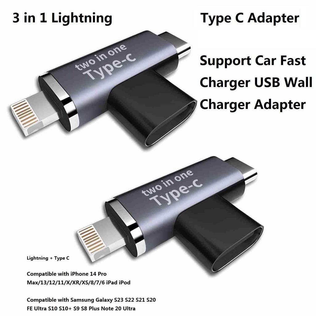 TECPHILE 2-in-1 Adapter with compatibility list for iPhone and Samsung models, supports fast charging via USB wall and car chargers.