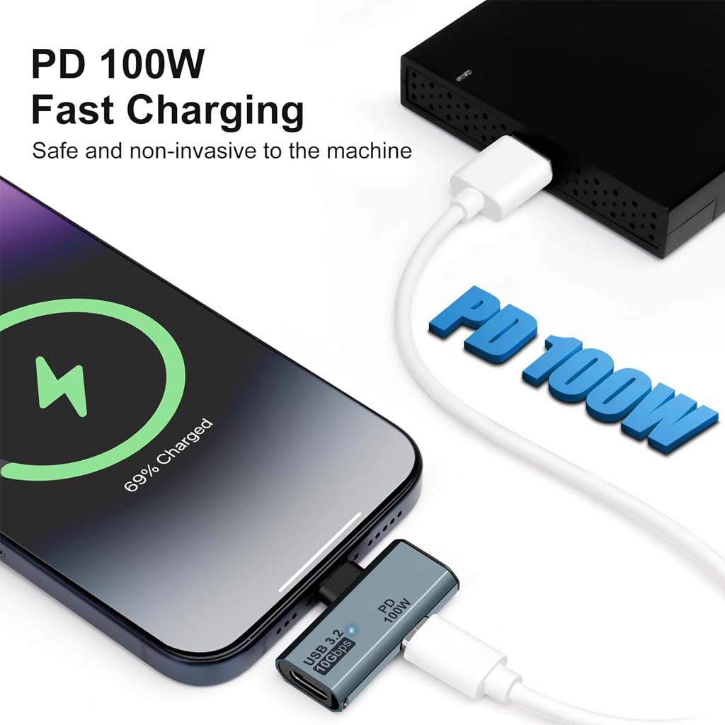 TECPHILE USB C adapter connected to smartphone showing 100W PD fast charging capability, ideal for quick and safe power delivery.