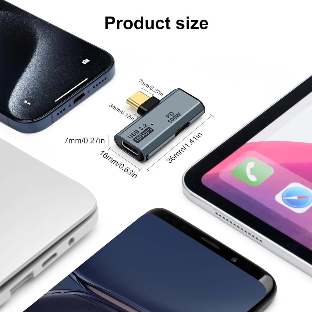 TECPHILE USB C adapter product dimensions displayed alongside various devices, highlighting its compact and portable design.