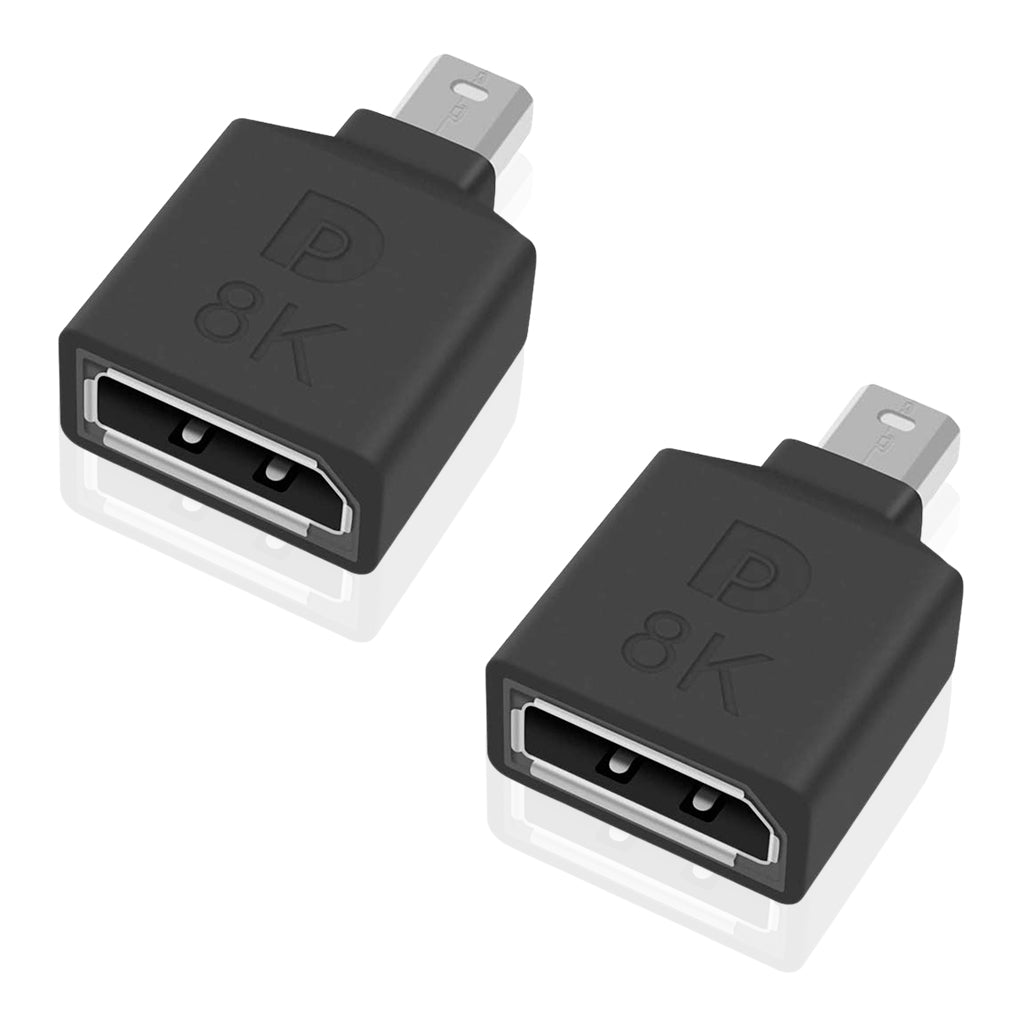 Pair of TECPHILE Mini DP to DisplayPort Adapters for dual 8K display setups, ideal for professional and gaming environments requiring high-resolution output.