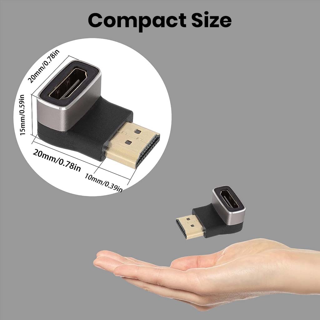 Compact size of TECPHILE 90° HDMI adapter shown in hand with dimensions for easy portability and space-saving use.