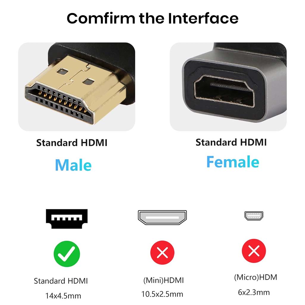 Comparison of standard HDMI male and female connectors on TECPHILE adapter to confirm compatibility with HDMI ports.