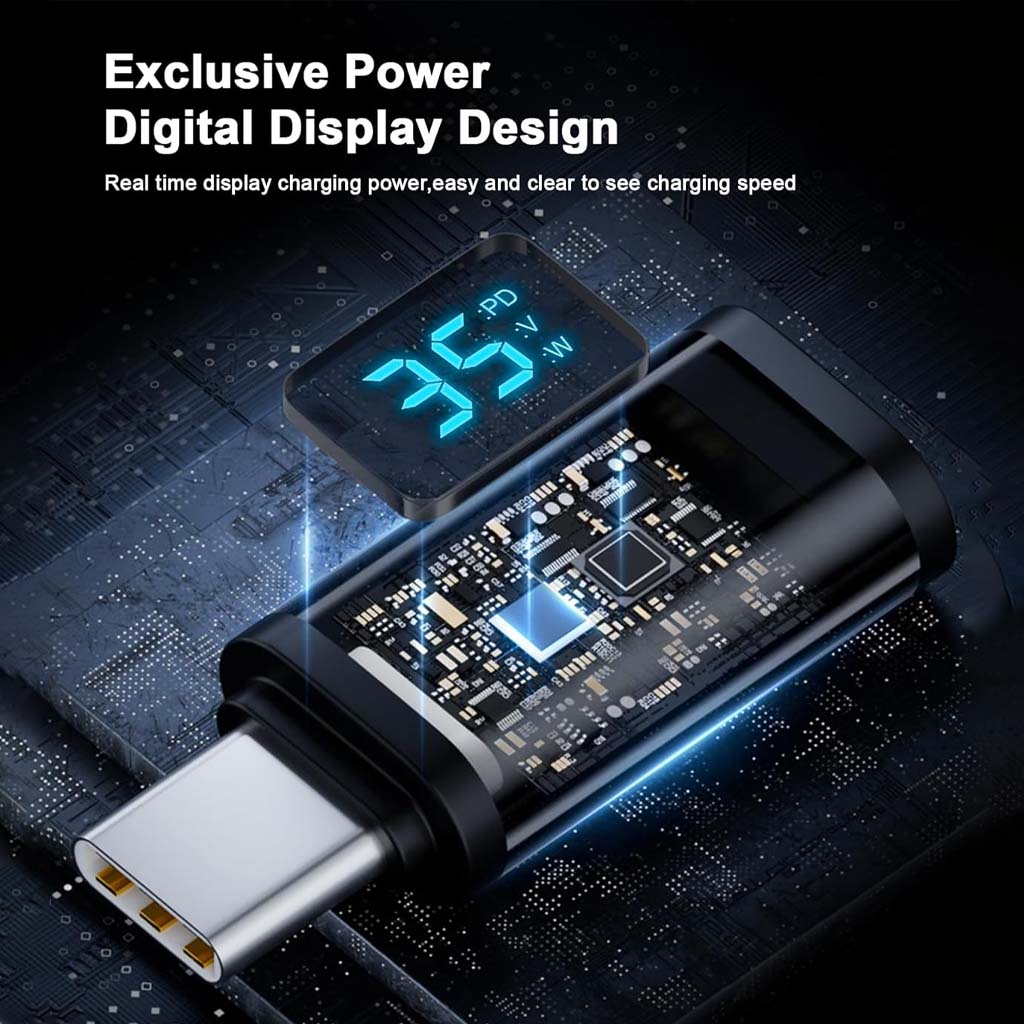 Internal view of TECPHILE 35W Type-C to Lightning adapter highlighting digital display design and advanced charging circuitry.