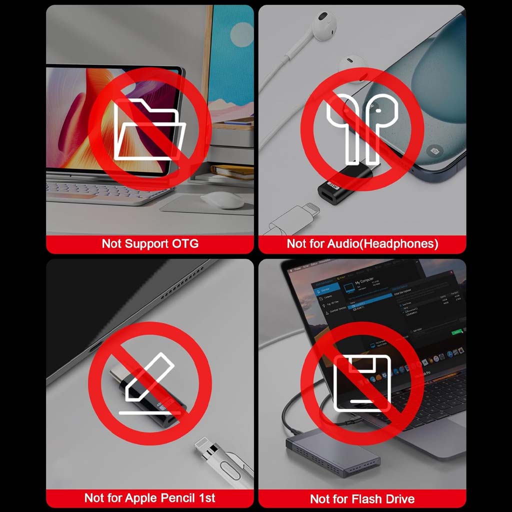 Usage limitations of TECPHILE 35W Type-C to Lightning adapter, not compatible with OTG, audio, Apple Pencil 1st gen, or flash drives.