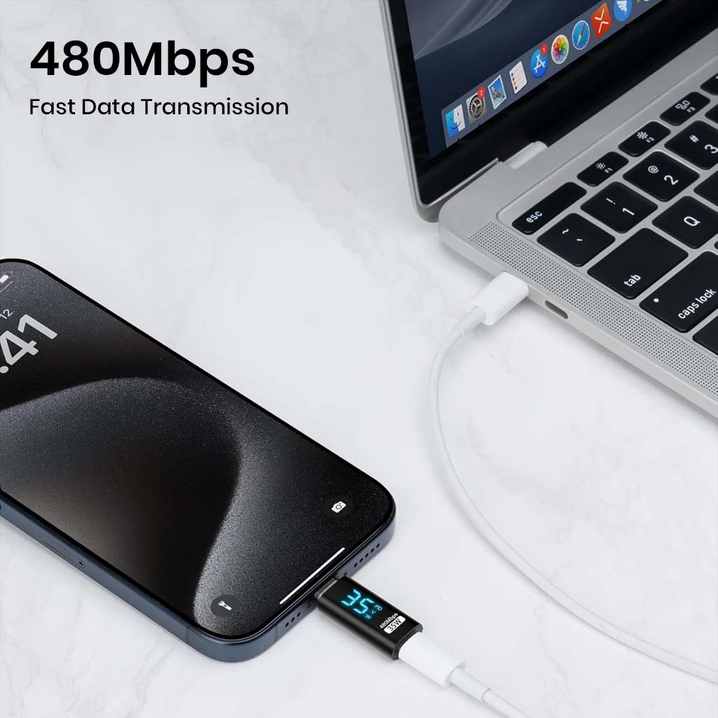 TECPHILE adapter connected to laptop and iPhone, showcasing 480Mbps fast data transmission and 35W charging capability.