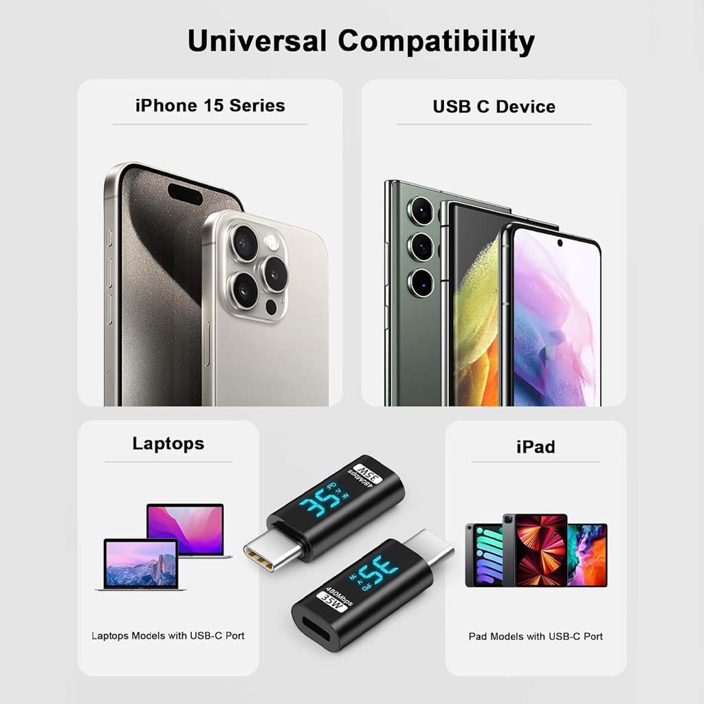 Universal compatibility of TECPHILE 35W Type-C to Lightning adapter with iPhone 15, USB-C devices, laptops, and iPads.