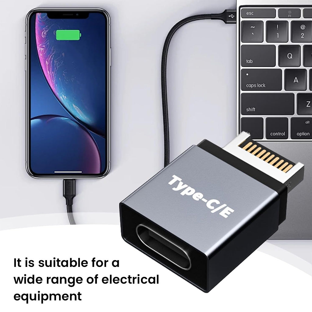 TECPHILE USB Type-E to USB-C adapter connecting a smartphone to a laptop, compatible with various electronic devices.