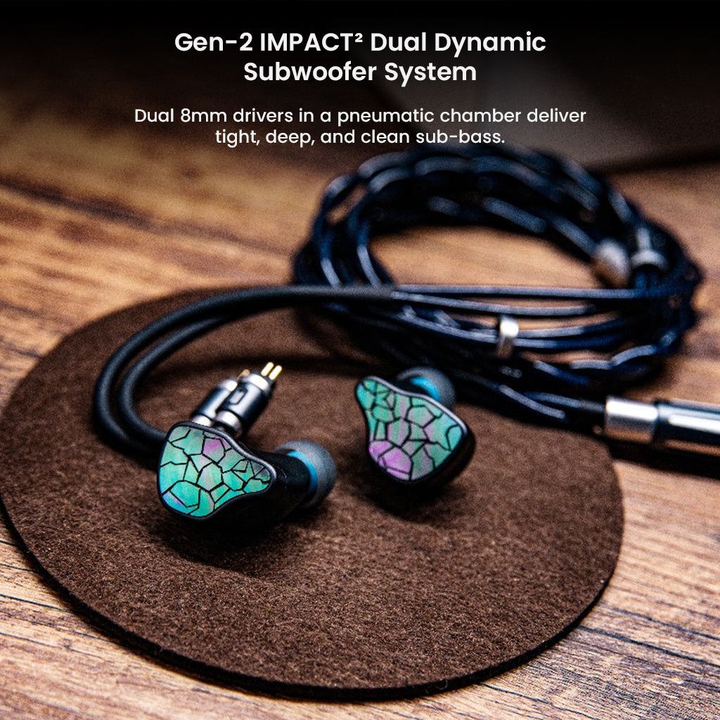 ThieAudio HYPE 4 MKII IEMs with Gen-2 IMPACT² dual dynamic subwoofer system, delivering deep, clean bass in a stylish design.