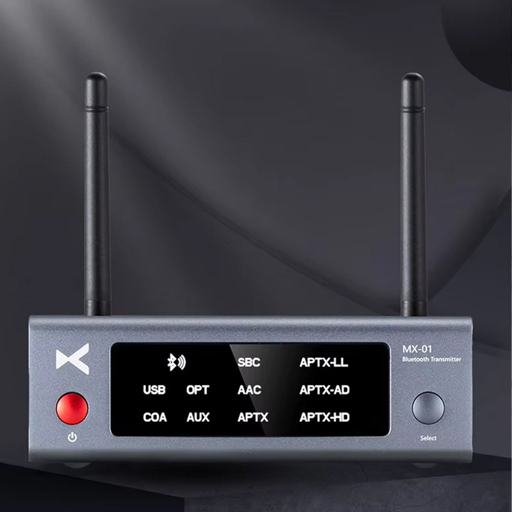 xDuoo MX-01 Bluetooth 5.3 Audio Transmitter displayed in a dark setting, highlighting its sleek design and format compatibility.