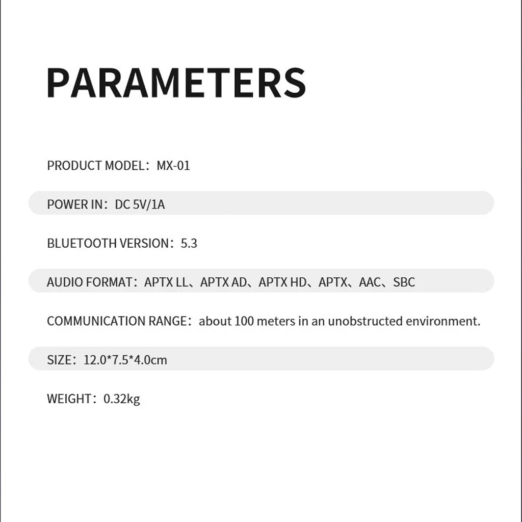 Technical specifications of xDuoo MX-01 Bluetooth Transmitter including Bluetooth 5.3, supported formats, and 100m communication range.
