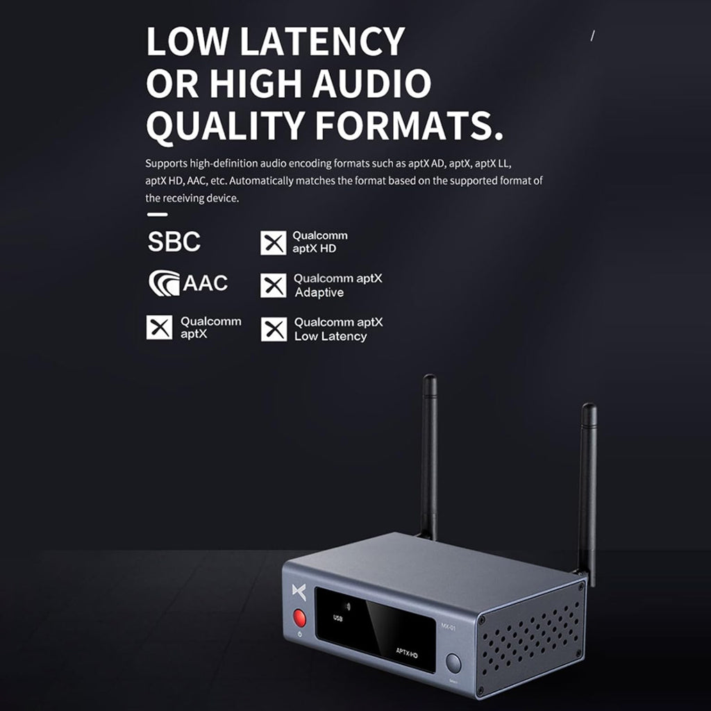 xDuoo MX-01 Bluetooth Transmitter supports low latency and high-definition audio formats like aptX HD, aptX LL, and AAC.