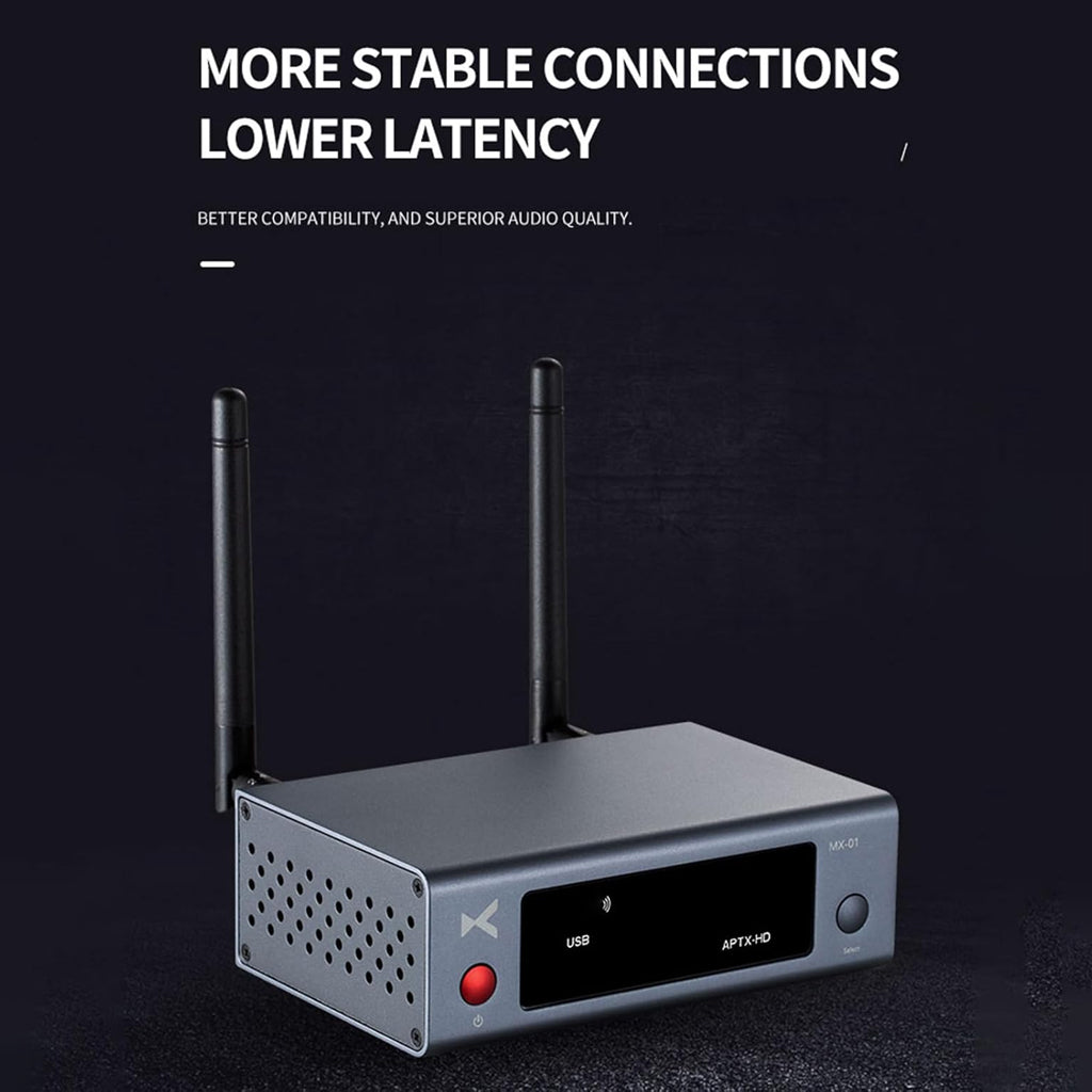 Angled view of xDuoo MX-01 Bluetooth Transmitter showcasing dual antennas and LED screen for stable, low-latency audio streaming.
