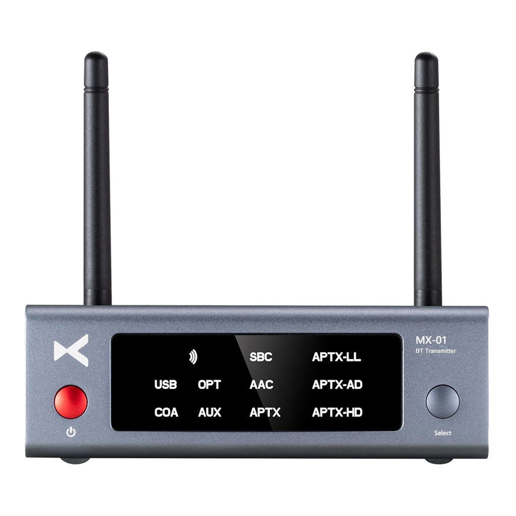 Front view of xDuoo MX-01 Bluetooth 5.3 Audio Bluetooth Transmitter with dual antennas and LED display showing supported audio formats.