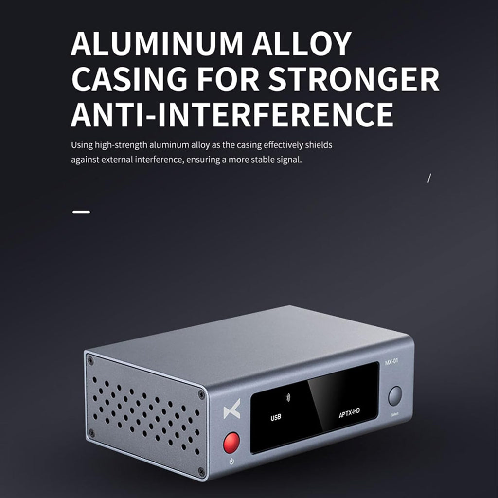 xDuoo MX-01 Bluetooth Transmitter features aluminum alloy casing for enhanced durability and reduced signal interference.