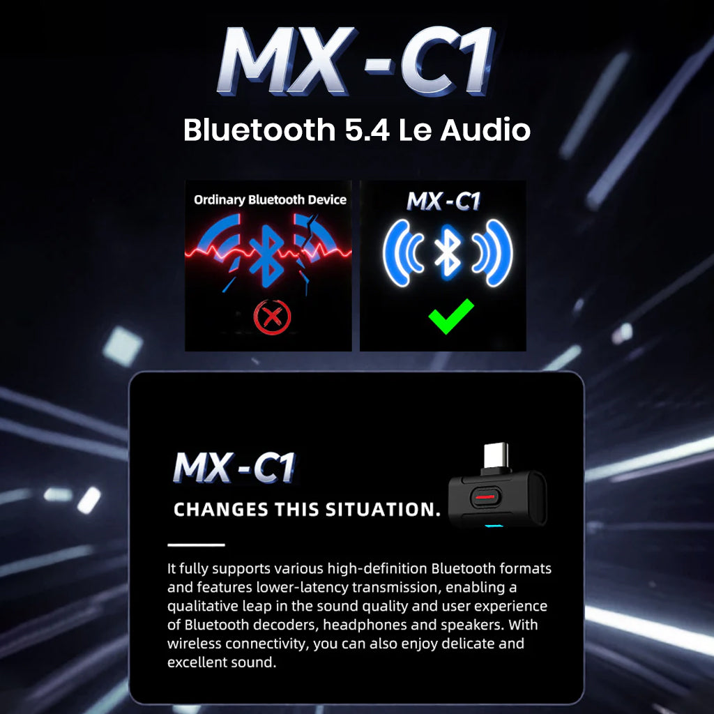 xDuoo MX-C1 Bluetooth 5.4 Transmitter comparison with ordinary devices, emphasizing low-latency and high-definition audio support.