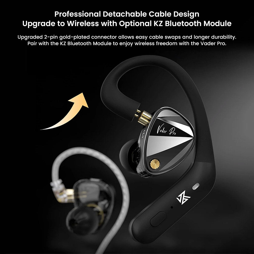 KZ Vader Pro IEM with detachable cable and optional Bluetooth module for wireless audio freedom and extended usability.