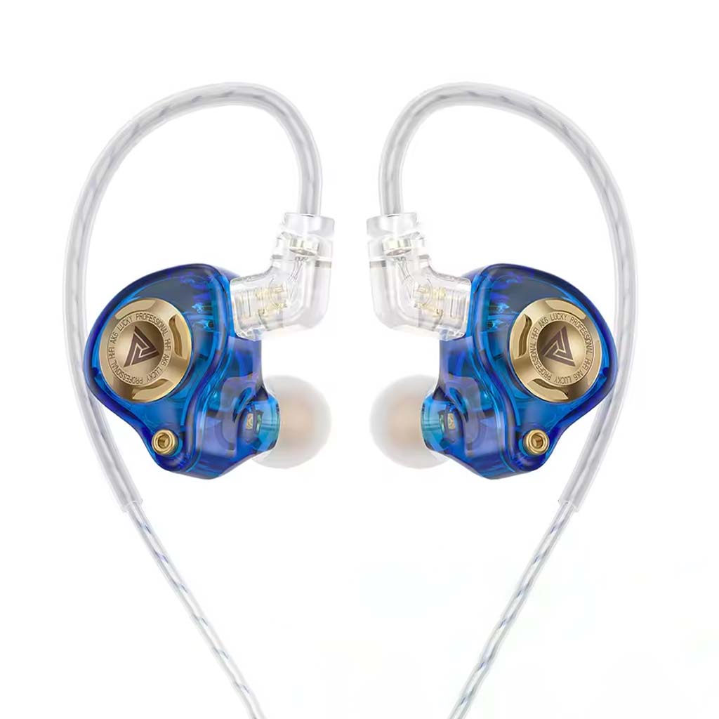 QKZ AK6 IEM in blue with gold faceplate and over-ear cable design, offering custom tuning modes for audiophile-grade sound.