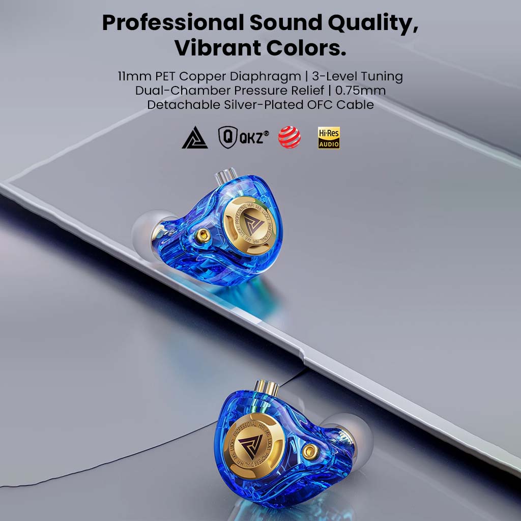 QKZ AK6 IEM with 3-level tuning, detachable OFC cable, and Hi-Res Audio certification for professional sound quality.