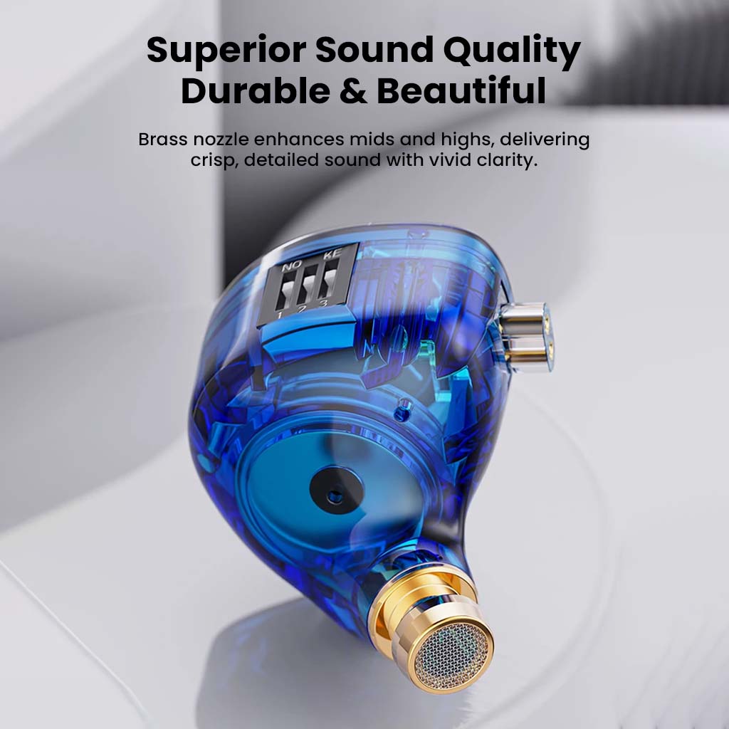 QKZ AK6 IEM with brass nozzle for enhanced mids and highs, offering durable build and vivid sound clarity.