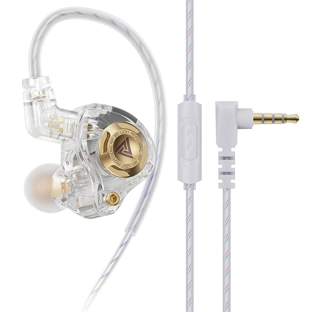 QKZ AK6 IEM with transparent housing and gold tuning dial, featuring 3 custom sound modes and ergonomic in-ear design for pro audio performance.
