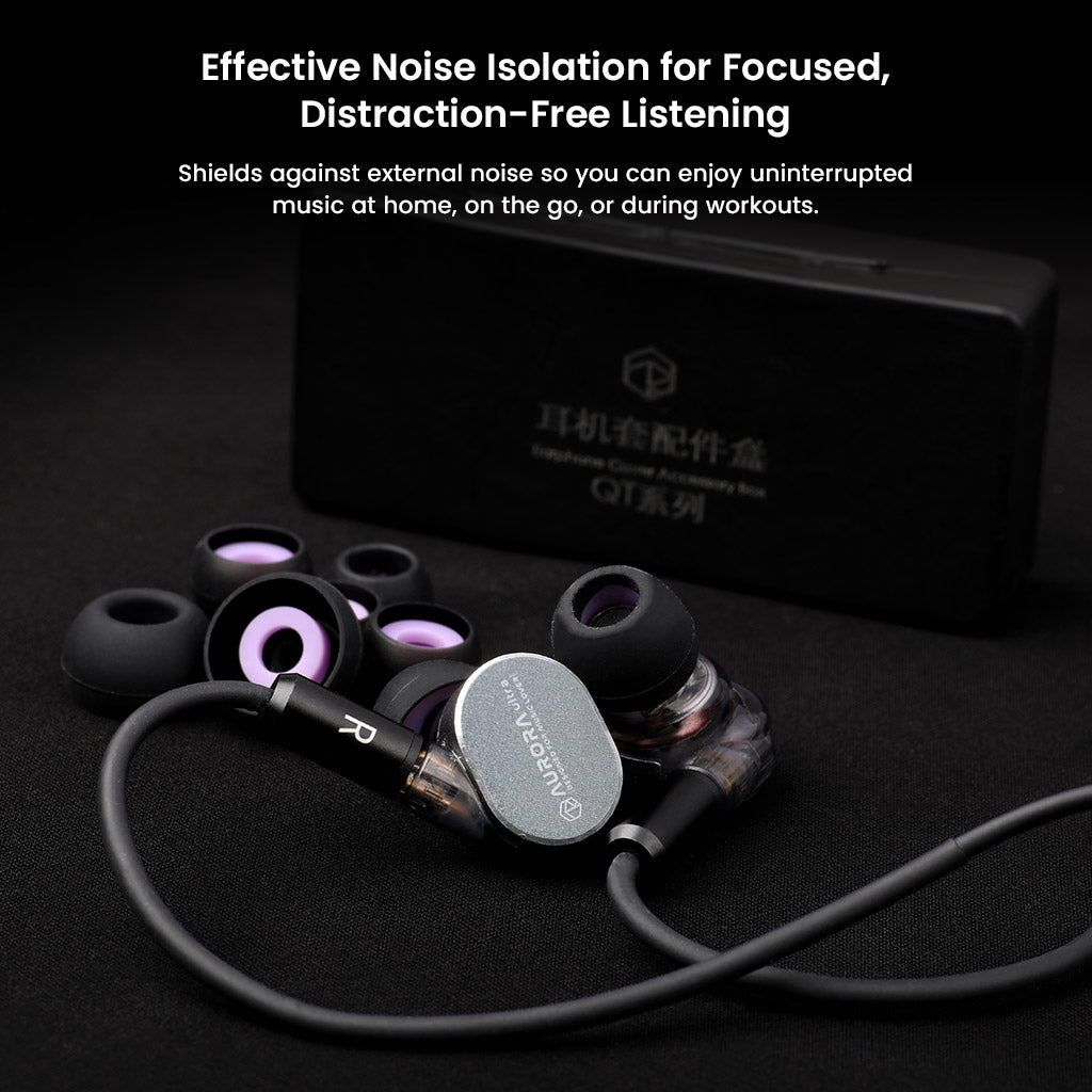 Roseselsa QT Superbowl eartips on IEMs, offering effective noise isolation for focused, distraction-free listening in any environment.