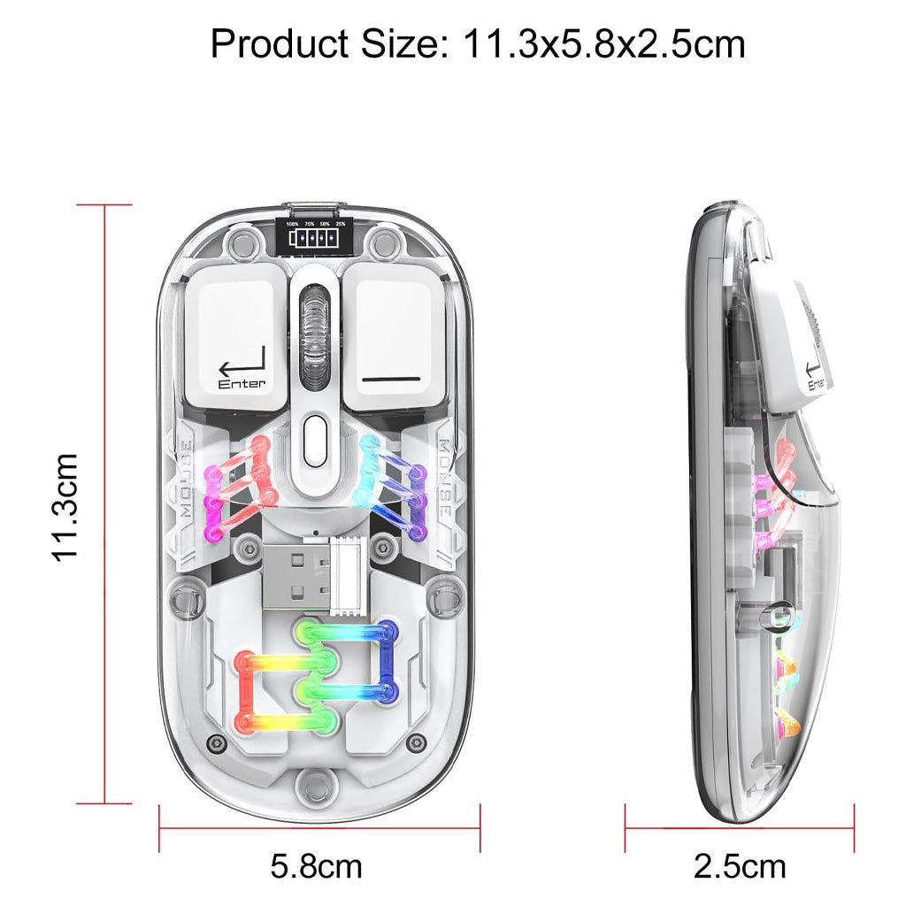 dual mode wireless bluetooth mouse transparent white with rgb light dimension silent