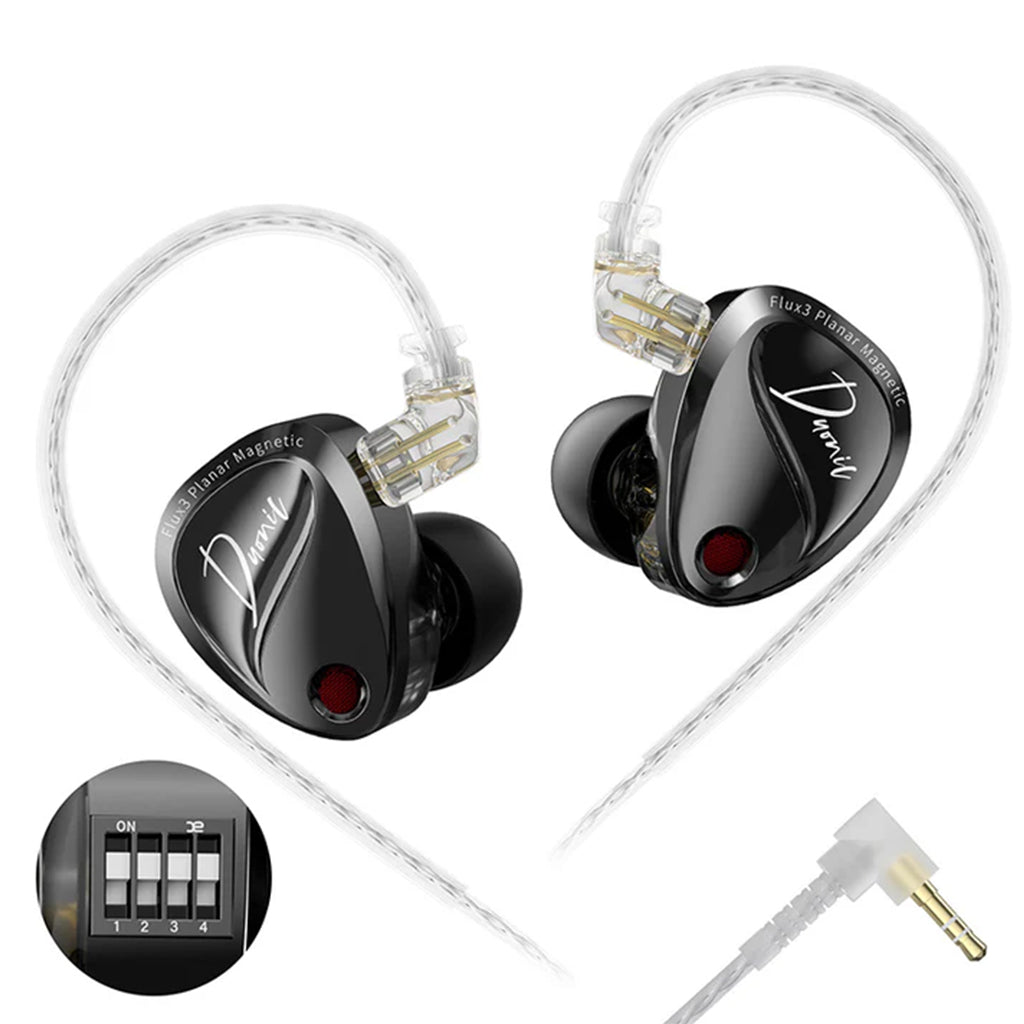 Black KZ Duonic IEM with tuning switch and 3.5mm jack, engineered for immersive audio with planar and dynamic drivers.