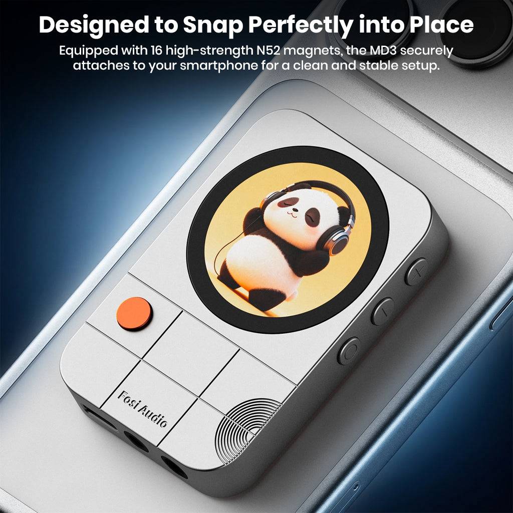 Fosi Audio MD3 portable magnetic DAC headphone amp with panda illustration on screen