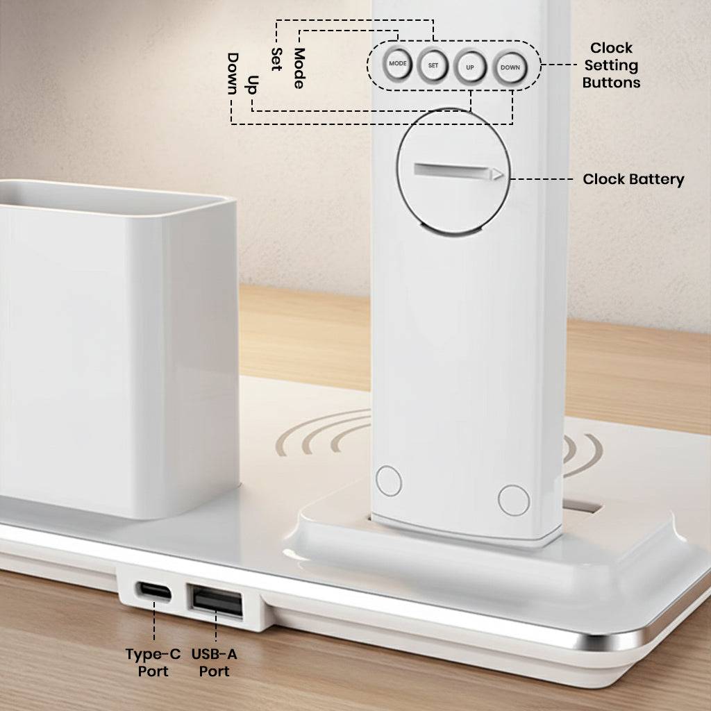 Back view of TECPHILE Desk Lamp showing clock setting buttons, battery compartment, USB-A and Type-C ports for added convenience.