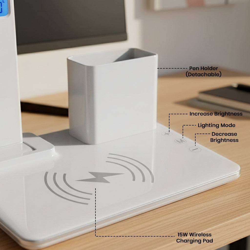 Detailed view of TECPHILE Desk Lamp base with detachable pen holder, brightness controls, and 15W wireless charging pad.