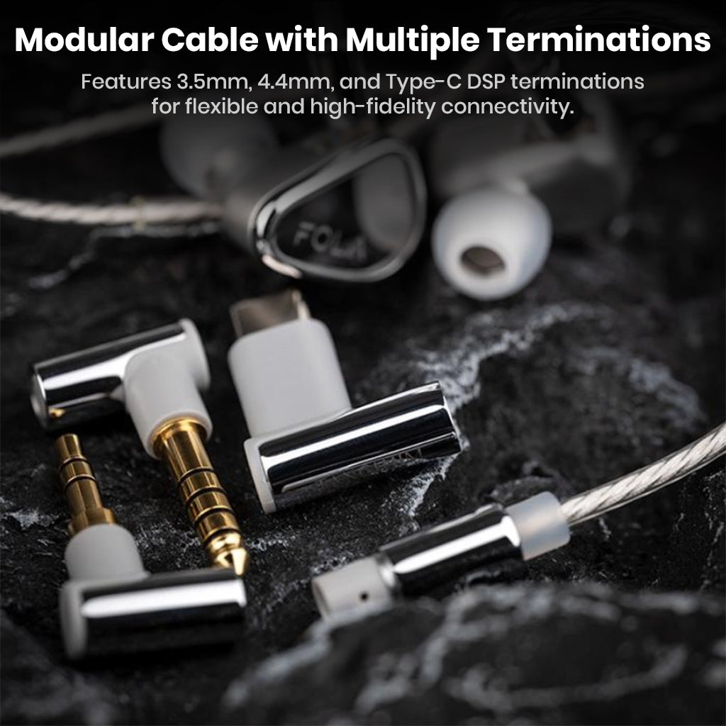 TANCHJIM FOLA modular cable system with 3.5mm, 4.4mm, and Type-C DSP terminations for flexible high-fidelity connectivity.