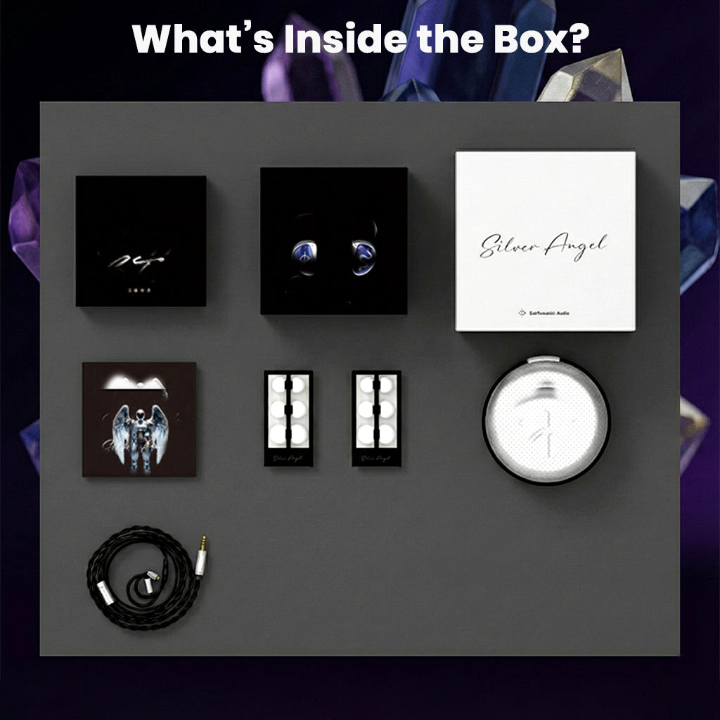 Complete unboxing of EarAcoustic STA Pro IEMs including eartips, cable, and packaging with Silver Angel branding.