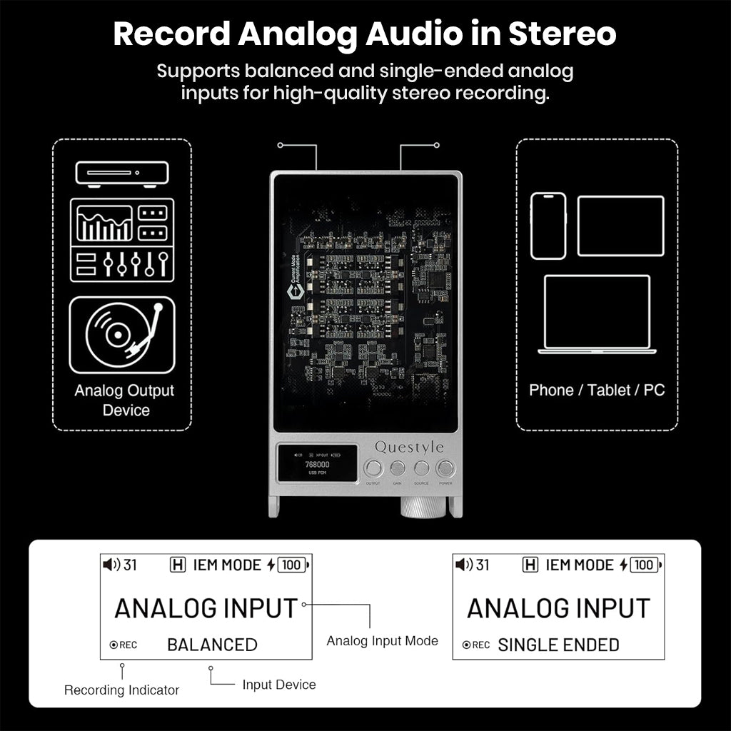 Questyle SIGMA Pro supports stereo analog recording with balanced and single-ended inputs for high-quality audio capture from various devices.