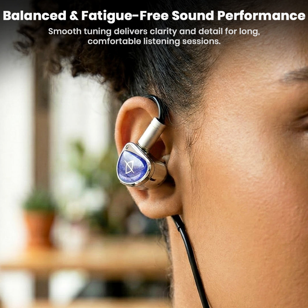 User wearing STA Pro IEMs, highlighting fatigue-free sound performance and smooth tuning for long sessions.