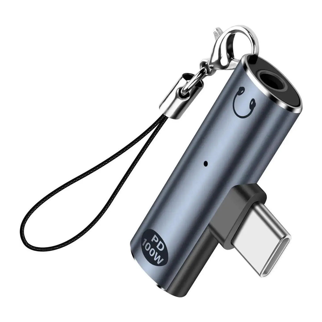 AUDIOCULAR A14X 100W 2-in-1 Type-C to Type-C/3.5mm audio adapter with keychain, compact and portable for daily use.