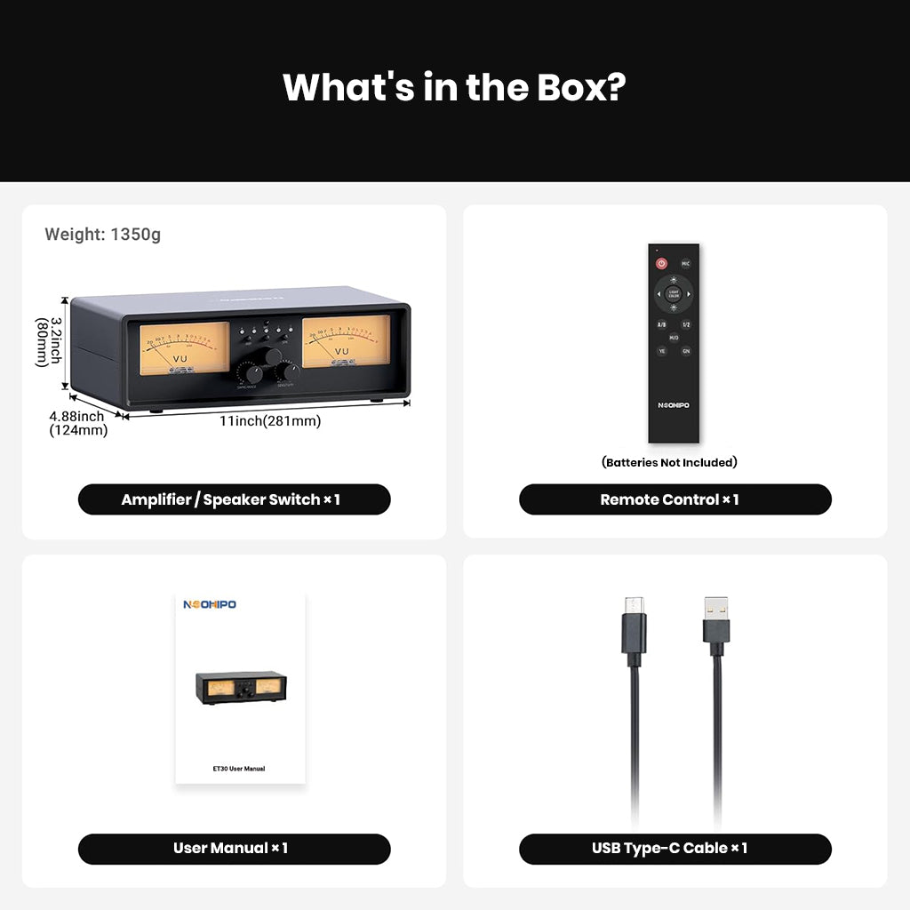 NEOHIPO ET30 unboxing includes amplifier/speaker switch unit, remote control, USB Type-C cable, and user manual.