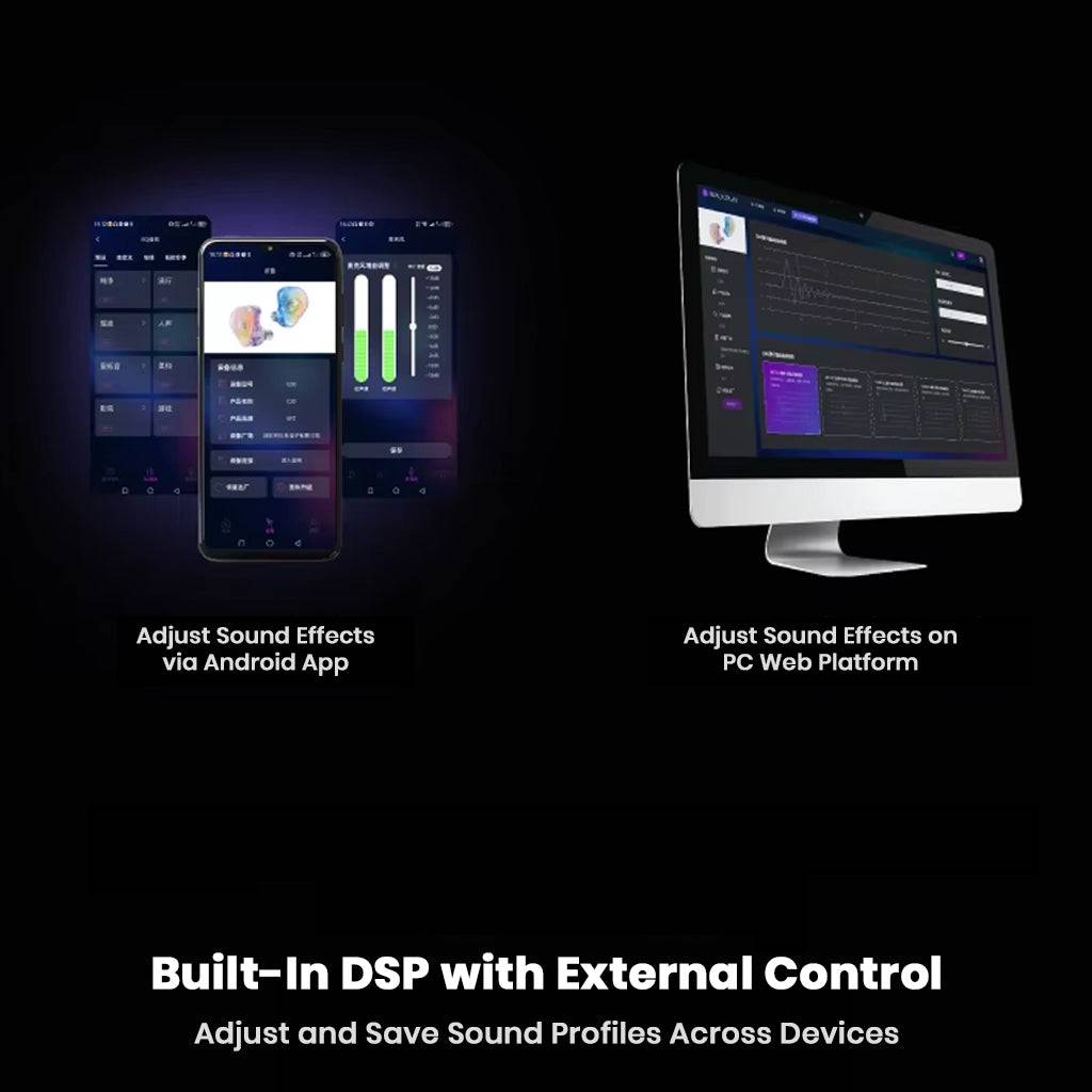 EPZ G30 gaming IEM supports built-in DSP with external control via Android app and PC web platform for customizable sound profiles.