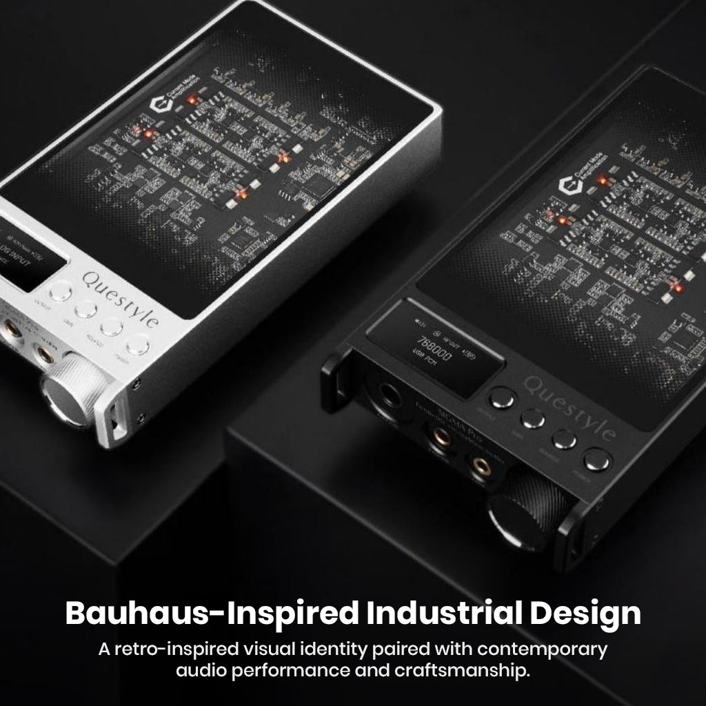 Questyle SIGMA Pro DAC/Amp showcases Bauhaus-inspired industrial design with premium build quality and modern audio craftsmanship.