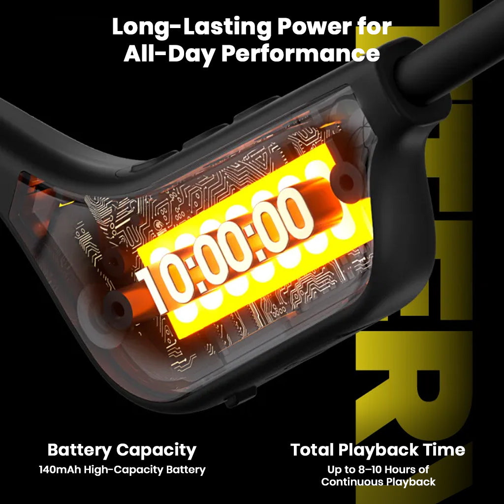 Close-up of SHEYIN X5 headphones showing 140mAh battery and 10-hour playback, ideal for long workouts and daily use.