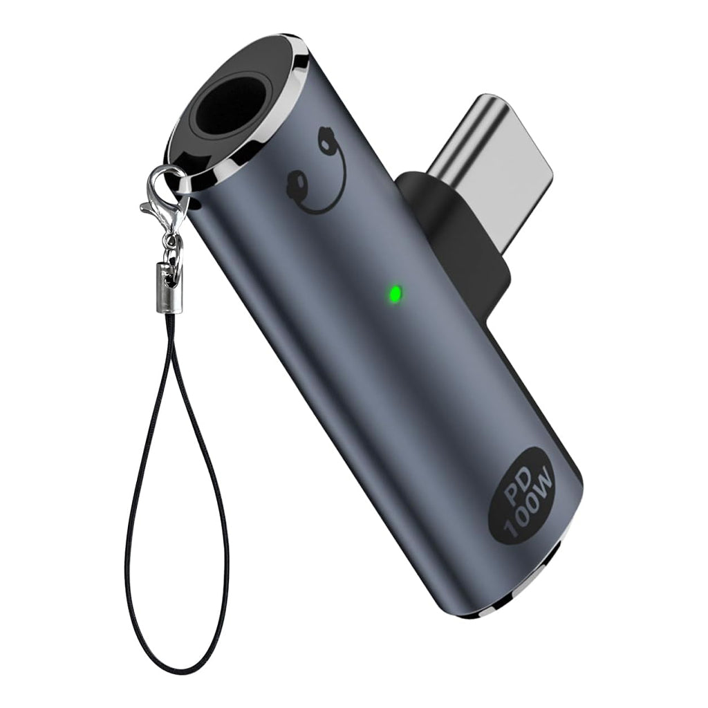 AUDIOCULAR A14X 100W 2-in-1 audio adapter with LED indicator and keychain, designed for USB-C and 3.5mm connectivity.