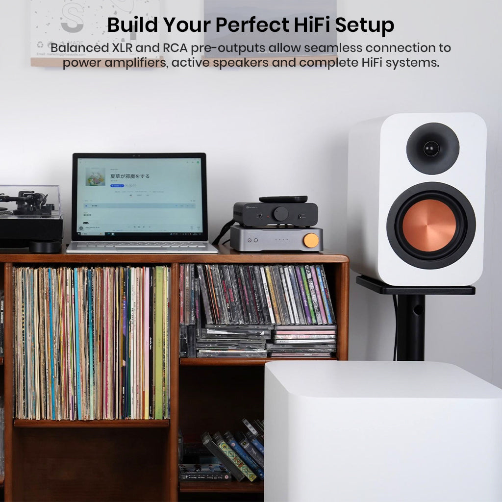 Fosi Audio S3 connected to TV, turntable, AVR, and CD player