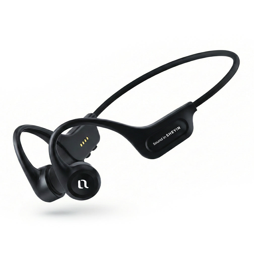 SHEYIN X5 black bone conduction Bluetooth headphones with ergonomic open-ear design and 32GB memory for workouts.