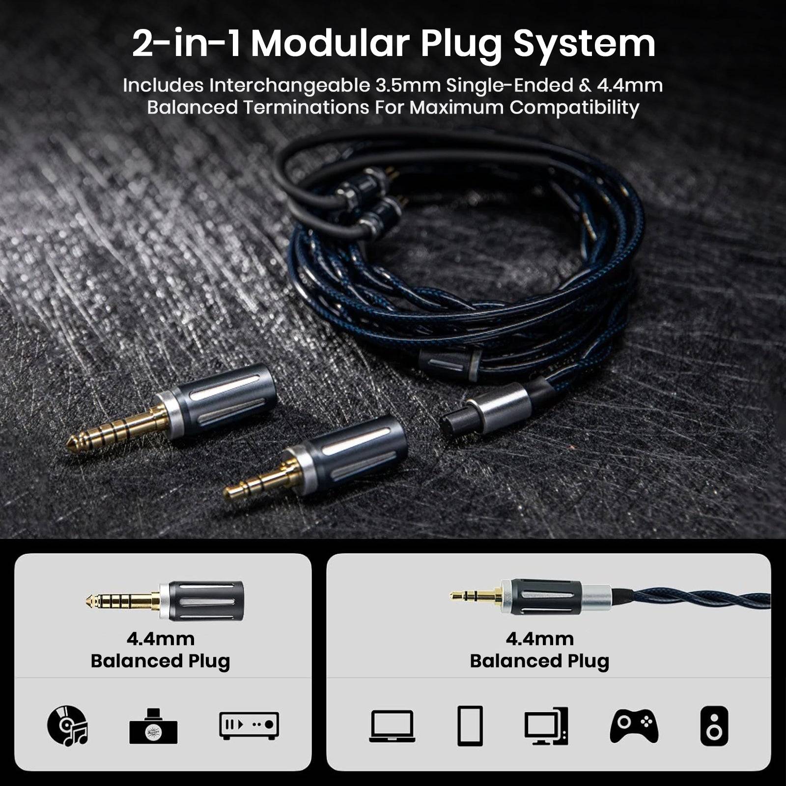 Audio cable with 4.4mm balanced plug and connectors