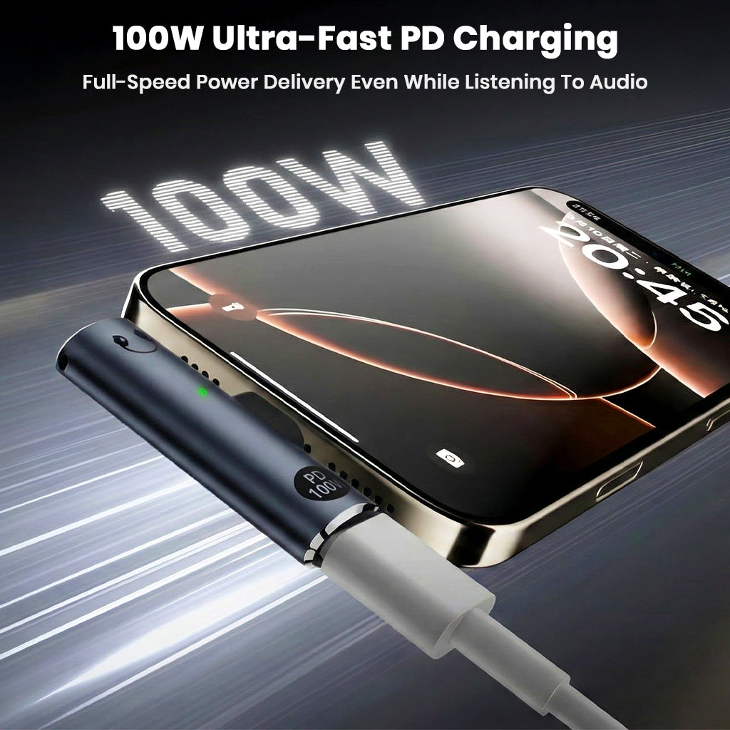 AUDIOCULAR A14X adapter delivering 100W ultra-fast PD charging while connected to a smartphone, ideal for multitasking.