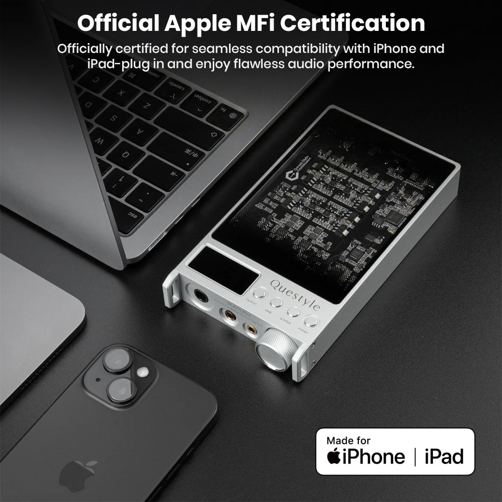 Questyle SIGMA Pro DAC/Amp with official Apple MFi certification ensures flawless audio compatibility with iPhone and iPad devices.