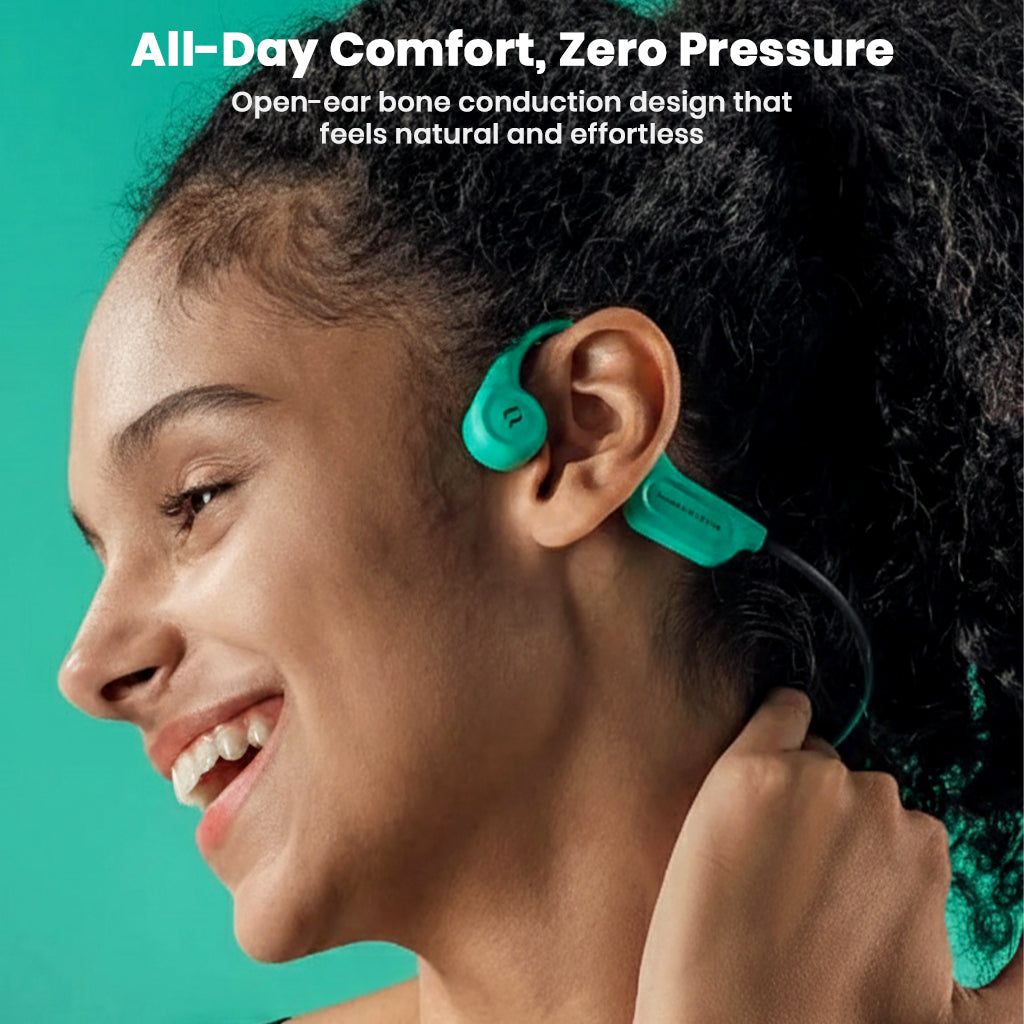 Smiling woman wearing teal SHEYIN X5 headphones, highlighting all-day comfort and pressure-free bone conduction design.