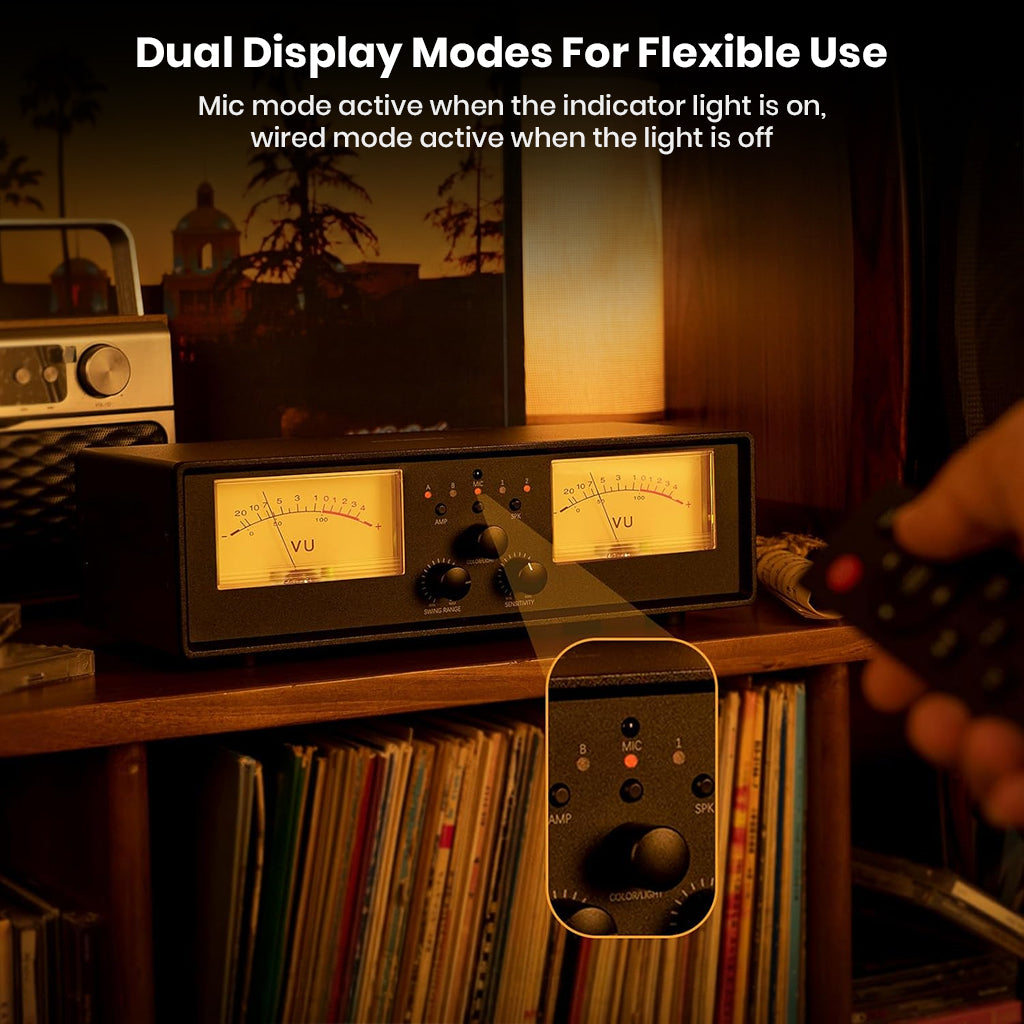 NEOHIPO ET30 VU Meter Switch Box with dual display modes and remote control functionality for flexible amplifier and speaker management.