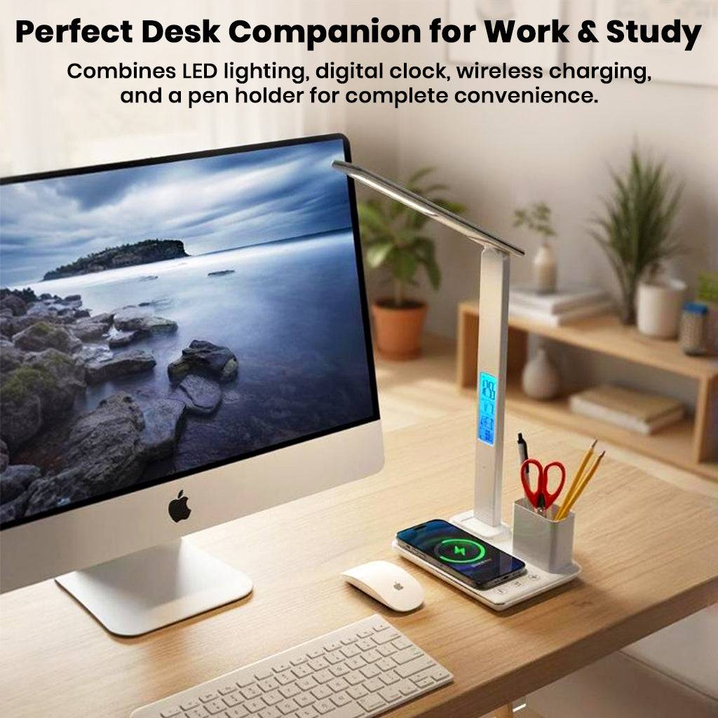 TECPHILE 4-in-1 Desk Lamp on a work desk with LED light, clock, wireless charging, and pen holder, ideal for study and productivity.