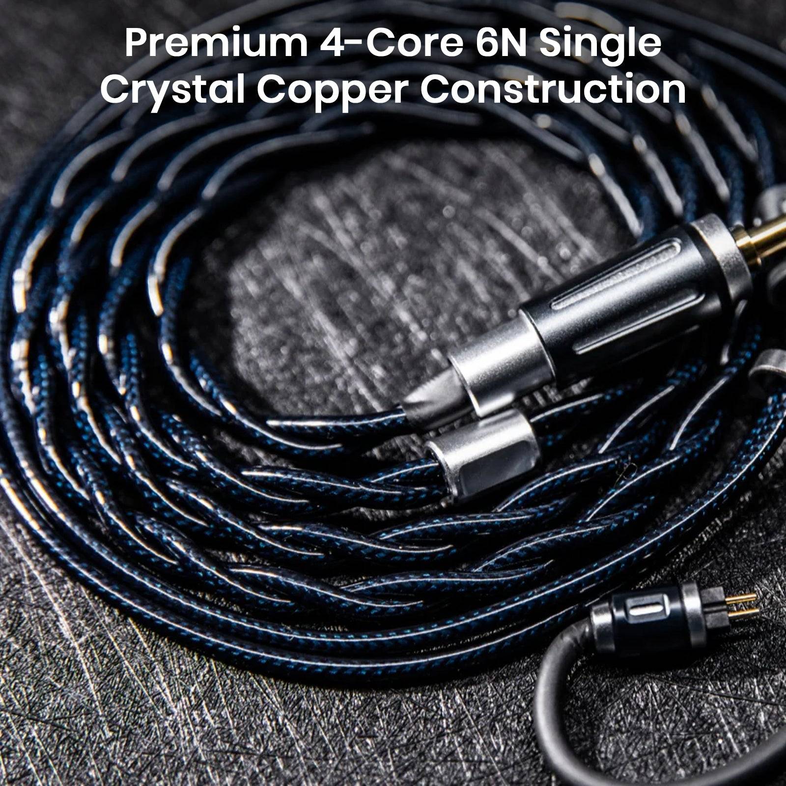 Close-up of THIEAUDIO Midnix 4-core copper cable with in-ear monitors on textured black surface