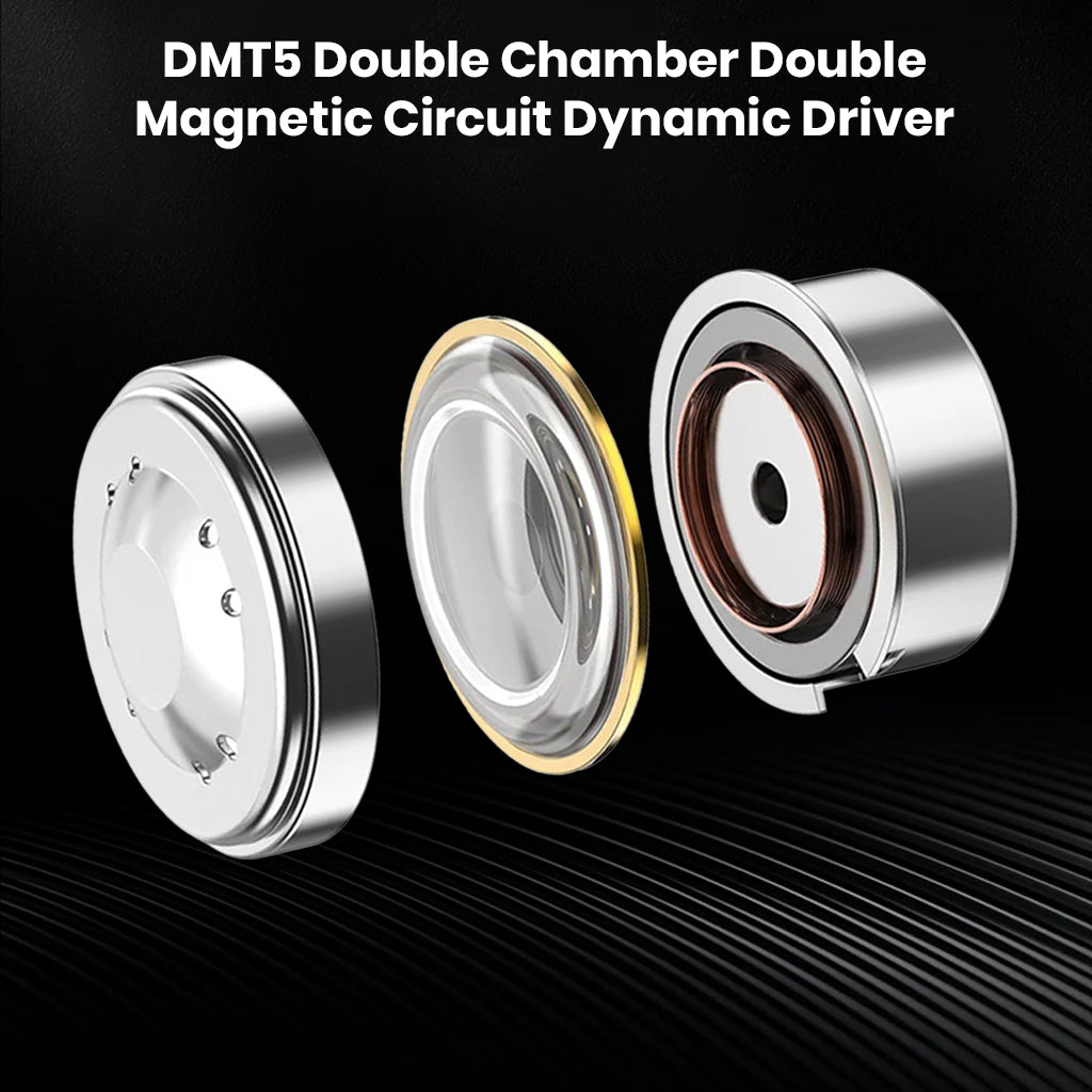 Exploded view of TANCHJIM FOLA's DMT5 double magnetic dynamic driver showcasing its dual-chamber internal audio components.